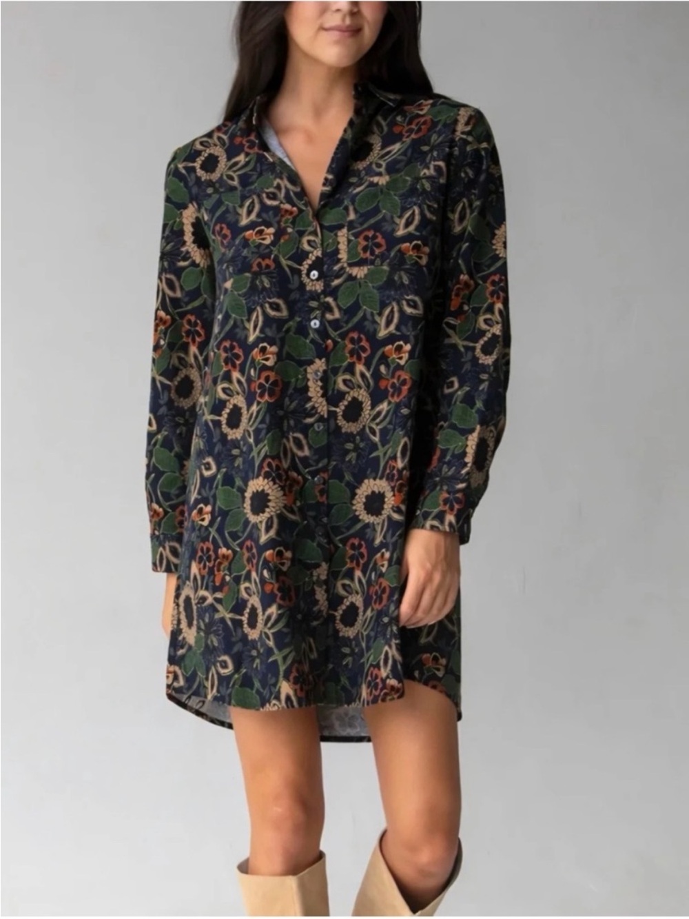 NWOT Natural Life "Rocky" Corduroy Mini Shirt Dress Navy Floral Sunflower Small